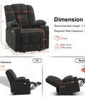 Zero Gravity Power Recliner Chair With Heat And Massage, USB Type C Ports, Cup Holders, And TV Mode, Living Room Fabric Recliner dimensions