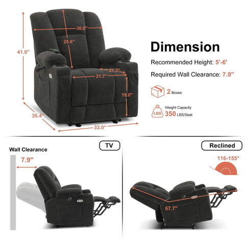 Zero Gravity Power Recliner Chair With Heat And Massage, USB Type C Ports, Cup Holders, And TV Mode, Living Room Fabric Recliner dimensions