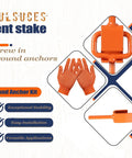 Heavy Duty 16 Inch Tent Stakes Ground Anchors Screw In With Adapter For Tree Straightening Kit Outdoor Tent And Mobile Home Anchors Orange 12 Pack All Weather Ready displaying orange steel stakes, adapter, and gloves for installation.
