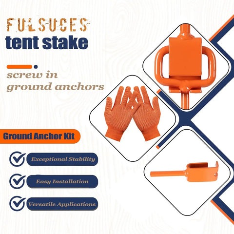Heavy Duty 16 Inch Tent Stakes Ground Anchors Screw In With Adapter For Tree Straightening Kit Outdoor Tent And Mobile Home Anchors Orange 12 Pack All Weather Ready displaying orange steel stakes, adapter, and gloves for installation.