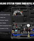 Universal Auto Vacuum Coolant Filler Kit With Pneumatic Purge case open showing components for radiator refilling