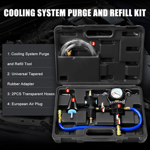 Universal Auto Vacuum Coolant Filler Kit With Pneumatic Purge case open showing components for radiator refilling