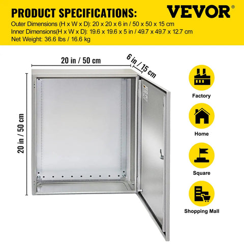 Rugged Outdoor Electrical Enclosure 20x20x6 Inch, NEMA 4 Waterproof Dustproof IP65 Cold-Rolled Carbon Steel Hinged Junction Box