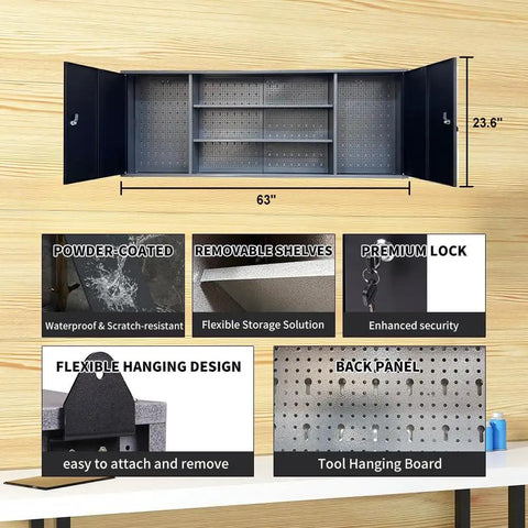 Ultimate Garage Storage System With Wall Cabinets, Steel Pegboard And Wood Workbench, illustrated features and dimensions.