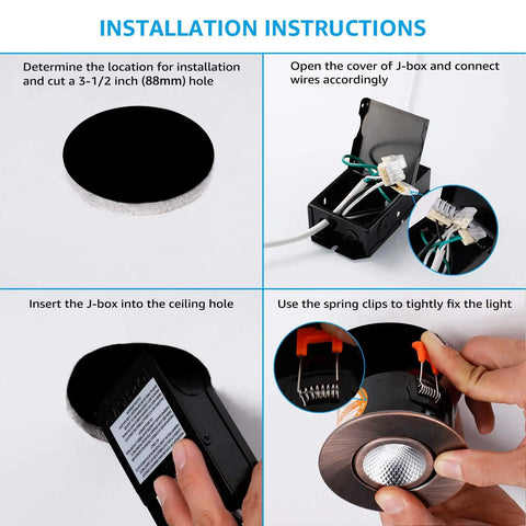 E Star Series 3 Inch Gimbal LED Recessed Light With Junction Box No Brainer Install showing step-by-step installation instructions