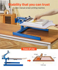 One Color One Station Silk Screen Printing Press for Tees and Garments, 21.3 by 17.7 Inch Platen on a table