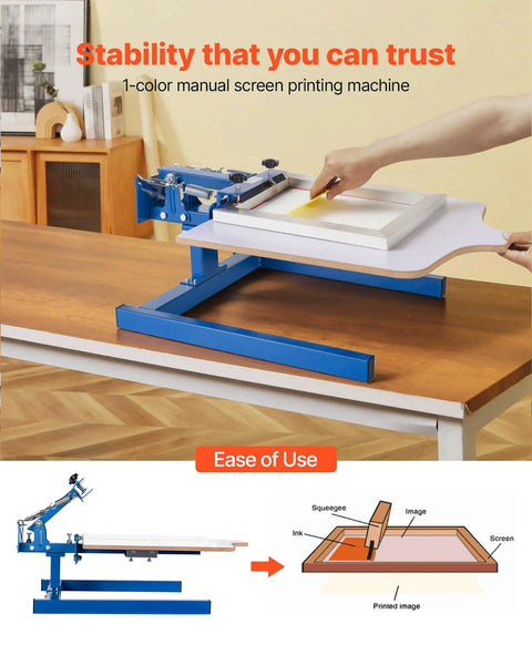 One Color One Station Silk Screen Printing Press for Tees and Garments, 21.3 by 17.7 Inch Platen on a table