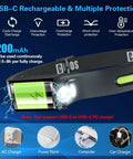Rechargeable LED Headlamp With 1000 Lumen Bright Beam, Sensor Mode, USB-C charging cable, 1200 mAh battery capacity, black design.