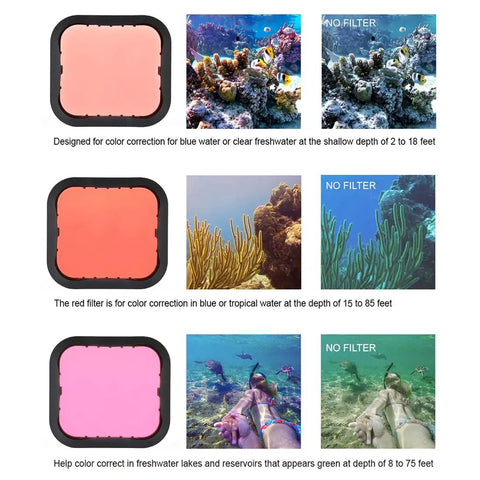 Underwater filters with color correction for Waterproof Action Camera Housing For Hero 5 6 7 Black in various aquatic environments.