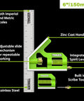 Badass 6 Inch Combination Square With Built In Level And Etched Scribe Durable Stainless Steel Ruler, features adjustable slides and integrated spirit level.