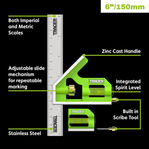 Badass 6 Inch Combination Square With Built In Level And Etched Scribe Durable Stainless Steel Ruler, features adjustable slides and integrated spirit level.