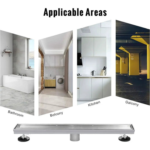 32 Inch Linear Shower Drain With Tiled Insert, 304 Stainless Steel Brushed Finish, shown with bathroom, balcony, kitchen, and garage settings.