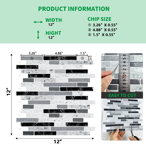 Self Adhesive Peel And Stick Kitchen Backsplash Tiles Gray 12x12 In 10 Sheets Vinyl Decorative Tile Panels size chart