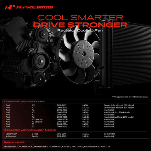 Top Shelf Right Side Engine Radiator Cooling Fan Assembly For Audi A3 And Volkswagen Beetle Eos Golf Straight Drop In Fit Built Tough With No Extra Hassle, detailed view of fan and mounting.