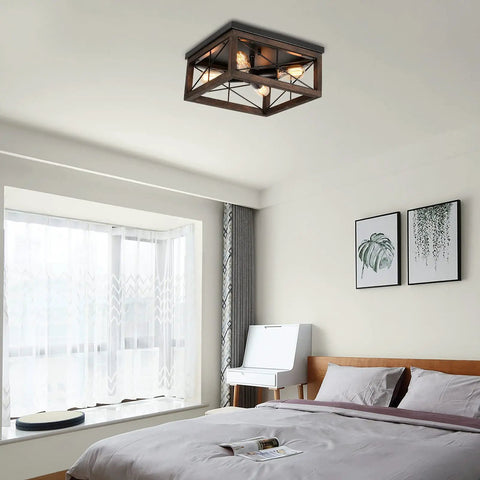 4-Light Farmhouse Flush Mount Ceiling Light With Black Rustic Finish, Wood Accents, E26 Base, Industrial Vintage Ceiling Fixture For Hallway, Entryway, Laundry, Kitchen And Bedroom Perfect For Hallways, Foyers And Other Living Areas For A Retro Vibe