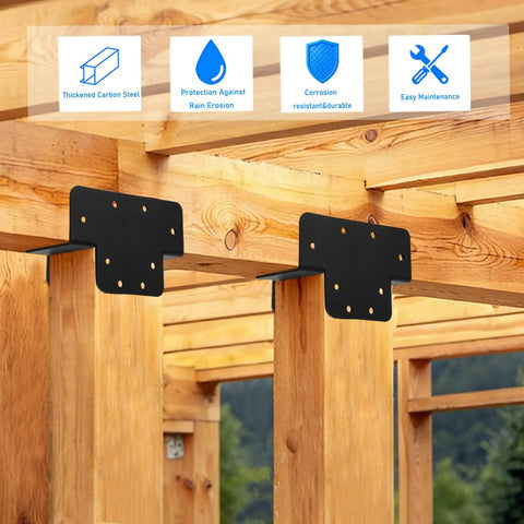 Three Way T Bracket Pergola Kit For 4x4 Wood Beams installed on wooden structure, heavy duty steel extension brackets, black finish.