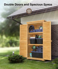 Outdoor Storage Cabinet With Lockable Double Doors And 3 Removable Shelves For Serious Tool Organization, Waterproof Fir Wood Closet Shed Open Showing Shelves and Tools