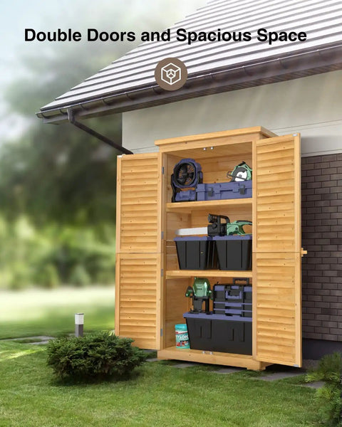 Outdoor Storage Cabinet With Lockable Double Doors And 3 Removable Shelves For Serious Tool Organization, Waterproof Fir Wood Closet Shed Open Showing Shelves and Tools
