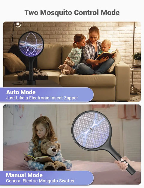 Electric Fly Swatter 4000V Bug Zapper Racket With Dual Modes displayed in auto and manual modes in home settings