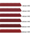 Triangular Hook Loop Sanding Discs For Wood Carving And Multi-Tool Use With Aluminum Oxide Grits From 40 To 240, assorted grits display.