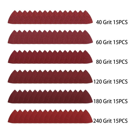 Triangular Hook Loop Sanding Discs For Wood Carving And Multi-Tool Use With Aluminum Oxide Grits From 40 To 240, assorted grits display.