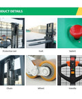 Product details of Heavy Duty Electric Fork Pallet Stacker And Warehouse Material Handling Rig with fork, wheel, and switch images.