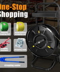 Heavy Duty Strapping Cart And Dispenser For Polypropylene Coils With Integrated Tool And Seal Tray Fits 8x8 To 10x10 Inches, shown with various strapping tools.