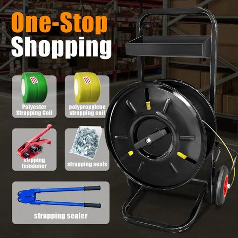 Heavy Duty Strapping Cart And Dispenser For Polypropylene Coils With Integrated Tool And Seal Tray Fits 8x8 To 10x10 Inches, shown with various strapping tools.