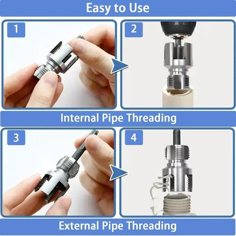 Heavy Duty Water Pipe Thread Cutter For 1/2 Inch 3/4 Inch And 1 Inch Pvc Ppr Pipes showing internal and external threading process steps.