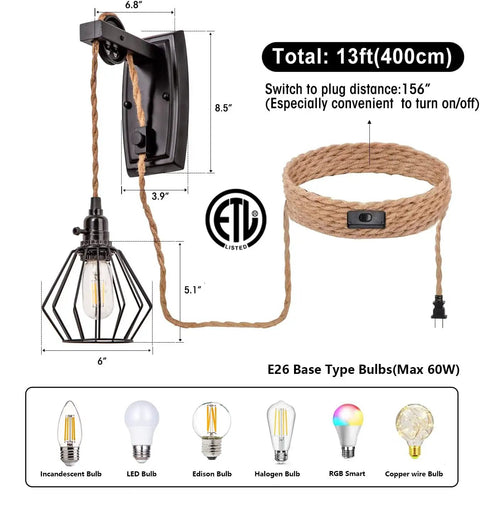 Two Pack Plug In Farmhouse Wall Sconces Set with Industrial Wheel Cage Shade in Black, 13ft Hemp Rope Cord, dual switch detail.
