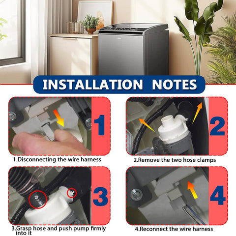 Heavy Duty Washer Drain Pump Replacement For Top Load Appliances Knocks Out Standing Water installation steps shown in four images.