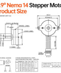 0.9° NEMA 14 bipolar stepper motor; front and side views with dimensions and wiring diagram.
