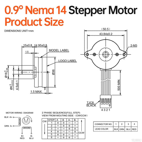0.9° NEMA 14 bipolar stepper motor; front and side views with dimensions and wiring diagram.