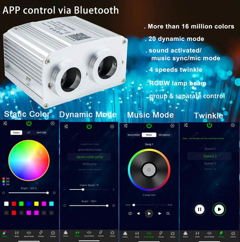 Dual Port 16W Twinkle Fiber Optic Starlight Light Engine With RGBW Beads, showing app control features.