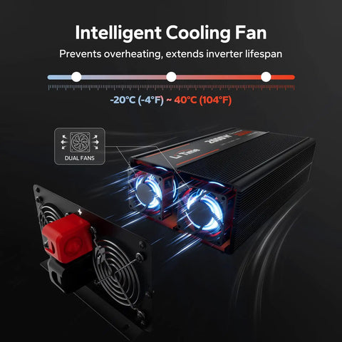 Hella Reliable 2000W Power Inverter With Built In Automatic Transfer Switch and Utility Bypass features dual intelligent cooling fans.
