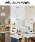 Crystal Pendant Lights Duo Kit For Kitchen Island And Bar in three kitchen settings, adjustable height, silver finish, 2 pack