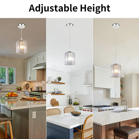 Crystal Pendant Lights Duo Kit For Kitchen Island And Bar in three kitchen settings, adjustable height, silver finish, 2 pack
