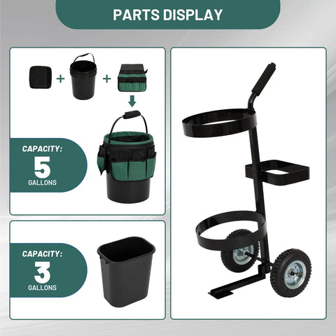 Heavy Duty Rolling Garden Cart With 5 Gallon Bucket, Oxford Bag With 8 Pouches, And 3 Gallon Basket showcased in parts display