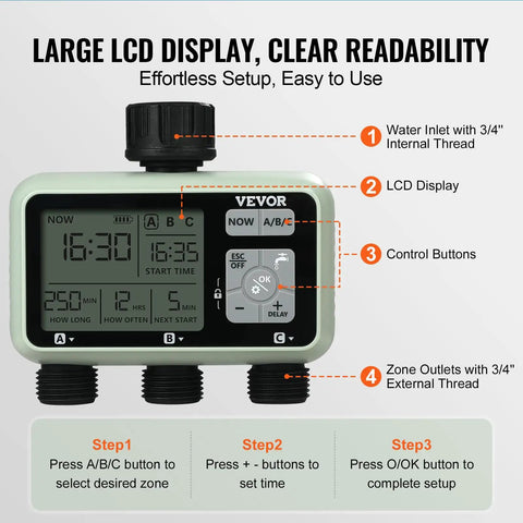 Three Zone Hose Water Timer With Independent Outlets And LCD Display Rain Delay And Manual Mode 360 Degree Brass Inlet Metal