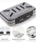 Double Sided Waterproof Tackle Storage Box with 16 Compartments, heavy duty latch, gray, shown closed with detail images.