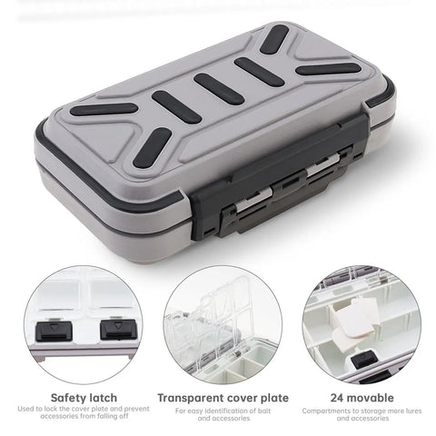 Double Sided Waterproof Tackle Storage Box with 16 Compartments, heavy duty latch, gray, shown closed with detail images.