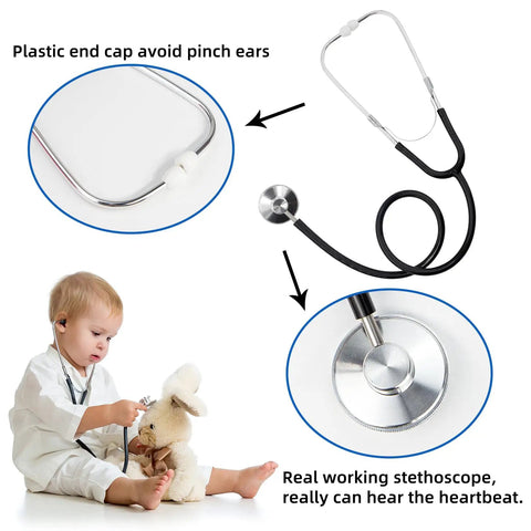 Child using Kids Doctor Lab Coat Set With Stethoscope And Name Tag For Dress Up Scientist Costume For Boys And Girls Ages 3 To 12 White Size 130CM