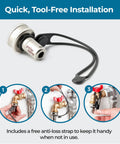 Polar Valve outdoor faucet freeze protection valve with stainless steel body and black anti-loss strap, front view.