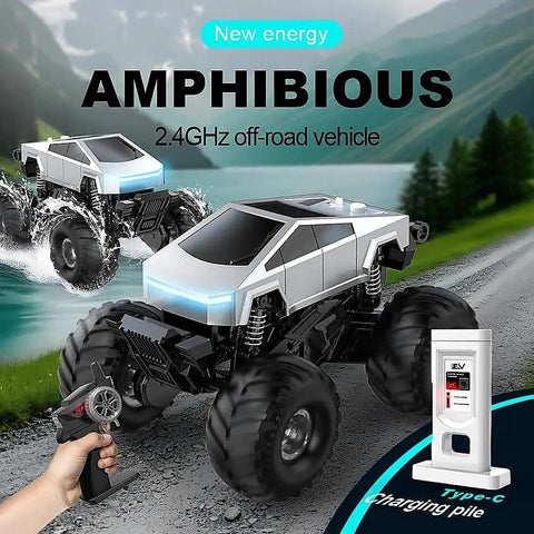 Off Road Beasts RC Truck With Charging Dock One Eighteen Scale 4WD Amphibious RC Car Featuring 360 Degree Spins And Stand Up Trick Waterproof Two Point Four Gigahertz Remote Control Vehicle For Kids Boys Birthday Gift Age Six Plus shown with charging dock and remote control on rocky terrain