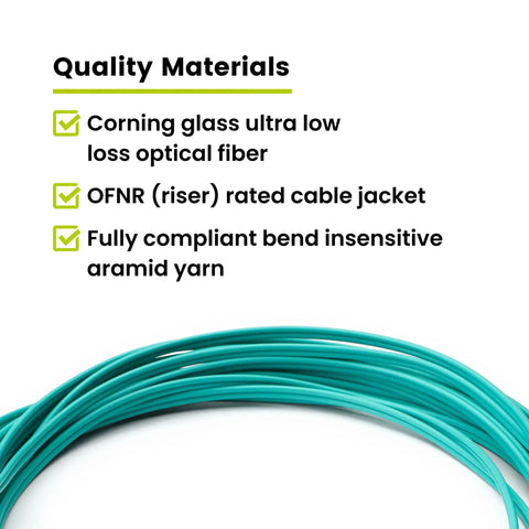 LC To LC Fiber Patch Cable OM3 Multmode Duplex 5 Meters showcasing Corning glass optical fiber and OFNR jacket.