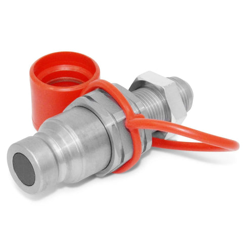 Summit Hydraulics flat-face hydraulic quick-connect coupler with red dust cap and skid-steer bulkhead mount.