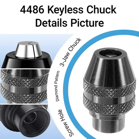 Close-up of 4 Pack Quick Change Keyless Drill Chuck Adapter For Rotary Tools One Thirty Second To One Eighth Inch All Metal Three Jaw Chuck