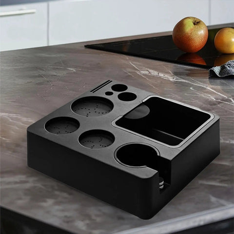 Built Tough Coffee Tamper Station And Espresso Organizer Box With Rock Solid Portafilter Holder, black organizer for 51mm 54mm 58mm baskets.