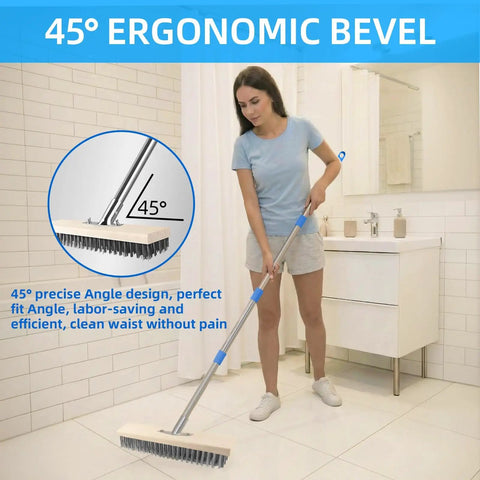 Person using Stainless Steel Wire Scrub Brush With A 62 Inch Long Handle for heavy duty cleaning with ergonomic design in a bathroom.