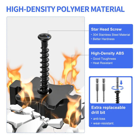 Kickass Heavy Duty Hidden Deck Clip Fastener Kit Featuring Rustproof Stainless Steel Screws And Magnetic Driver Bit close-up of star head screw with fire effects.